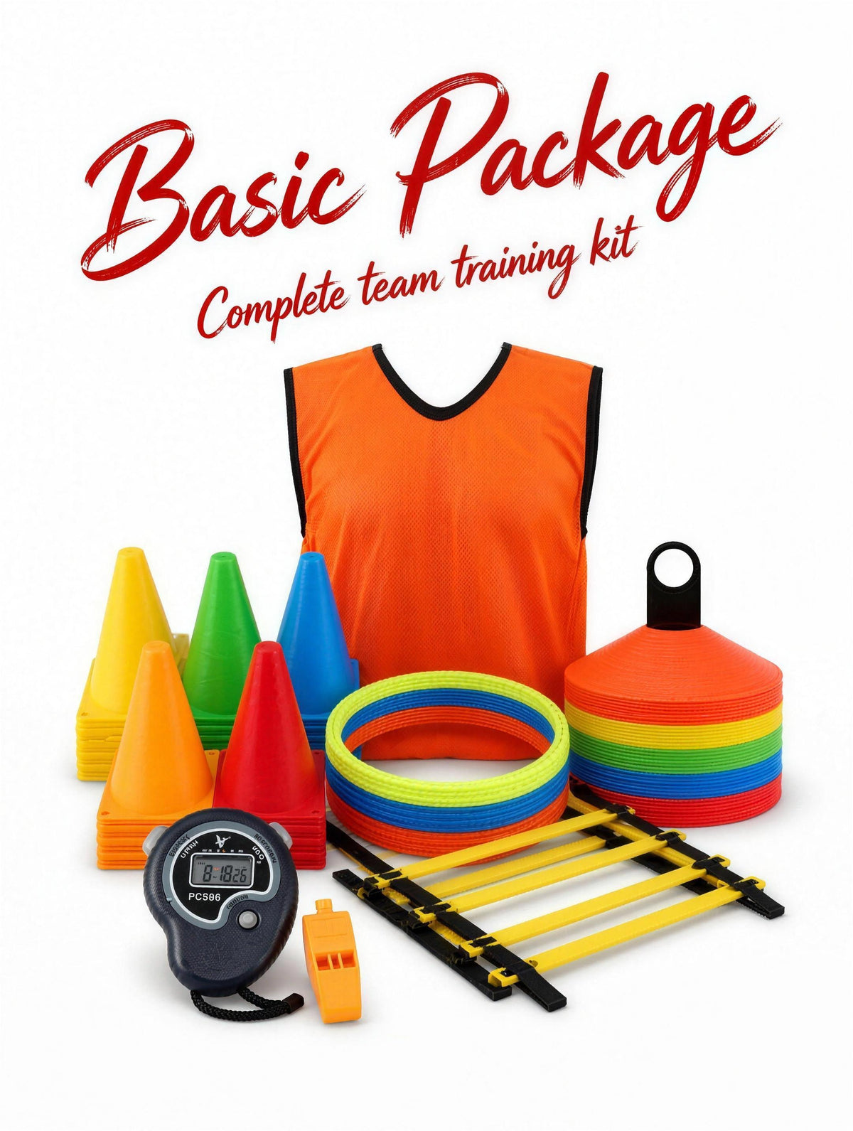 Basic Package - complete team training kit: training cones, agility rings, training bib, agility ladder, disc cones, stopwatch and whistle