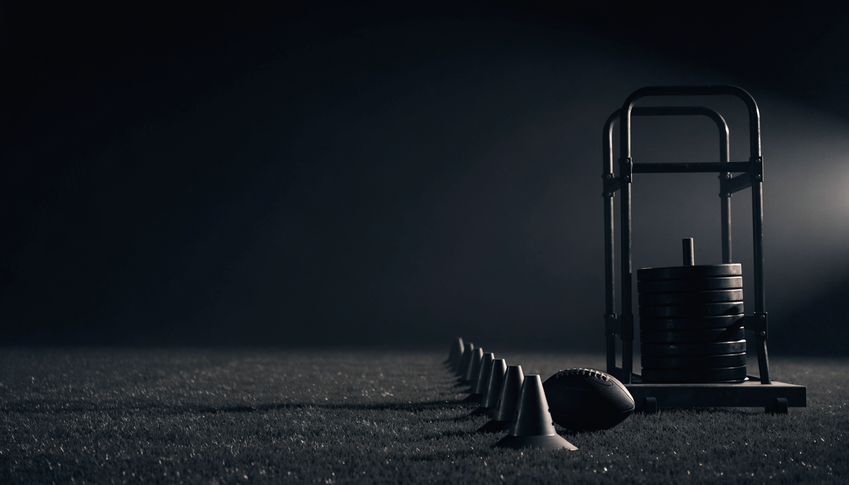 Weighted training sled, agility cones and a football on dark turf