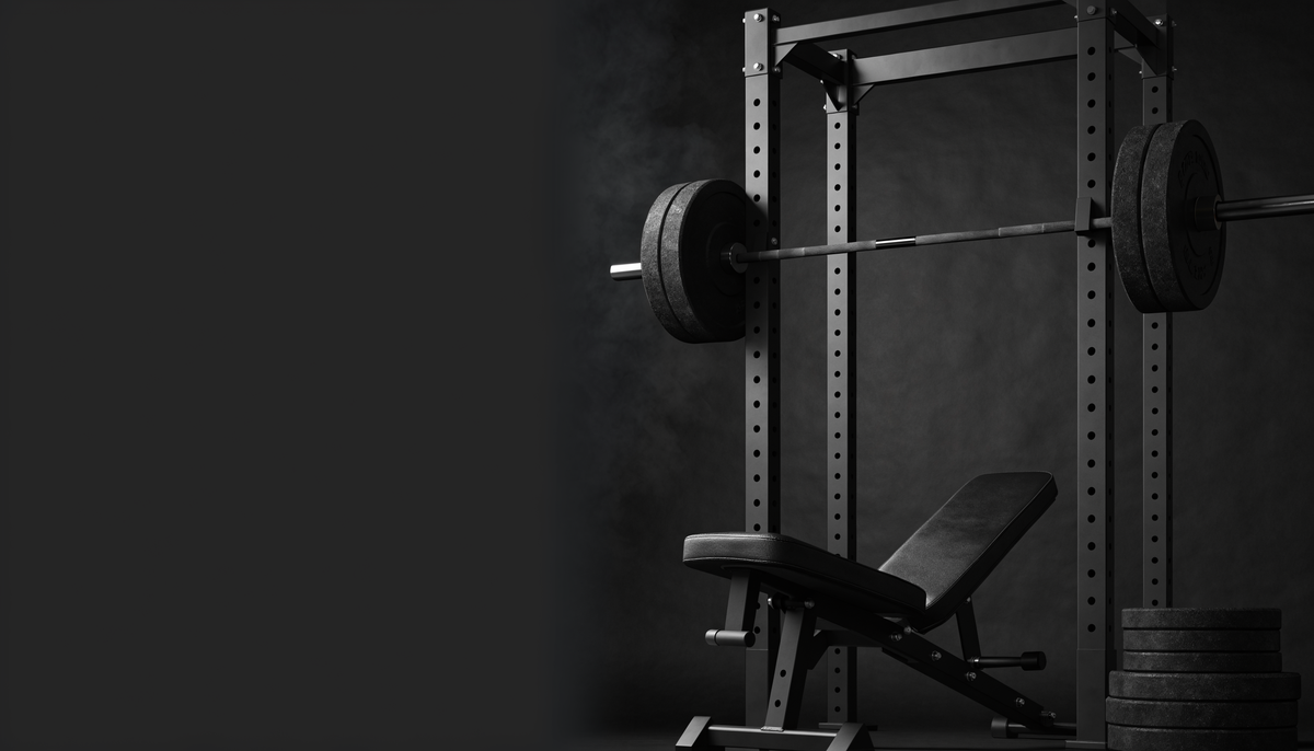 Power rack, barbell and weight bench in a dark home gym