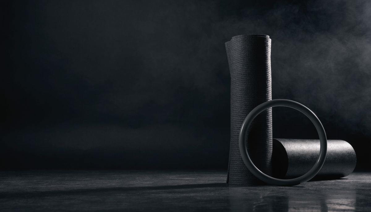 Rolled exercise mat, pilates ring and foam roller